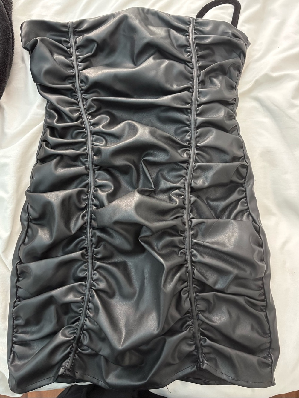REVOLVE Black Strapless Ruched Faux Leather Mini Dress